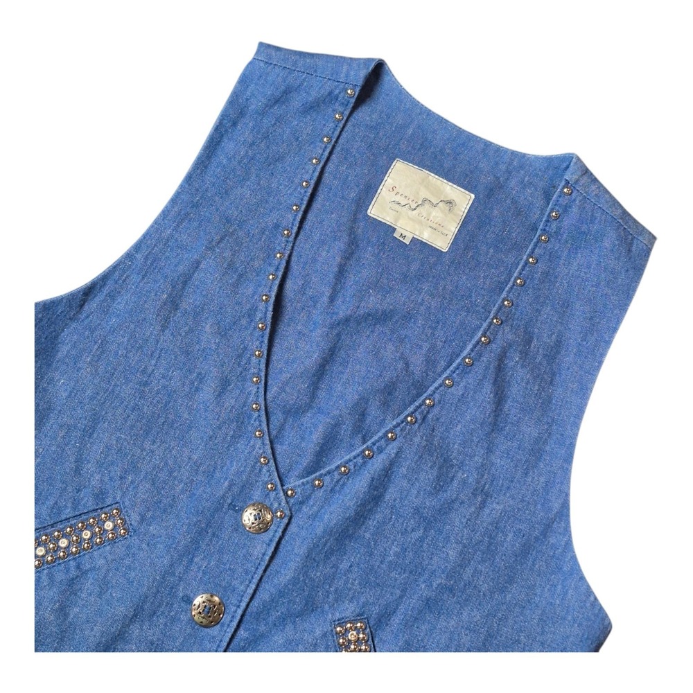 Spencer Creations Womens M Blue Denim Vest Studded Western Cowboy Made in USA